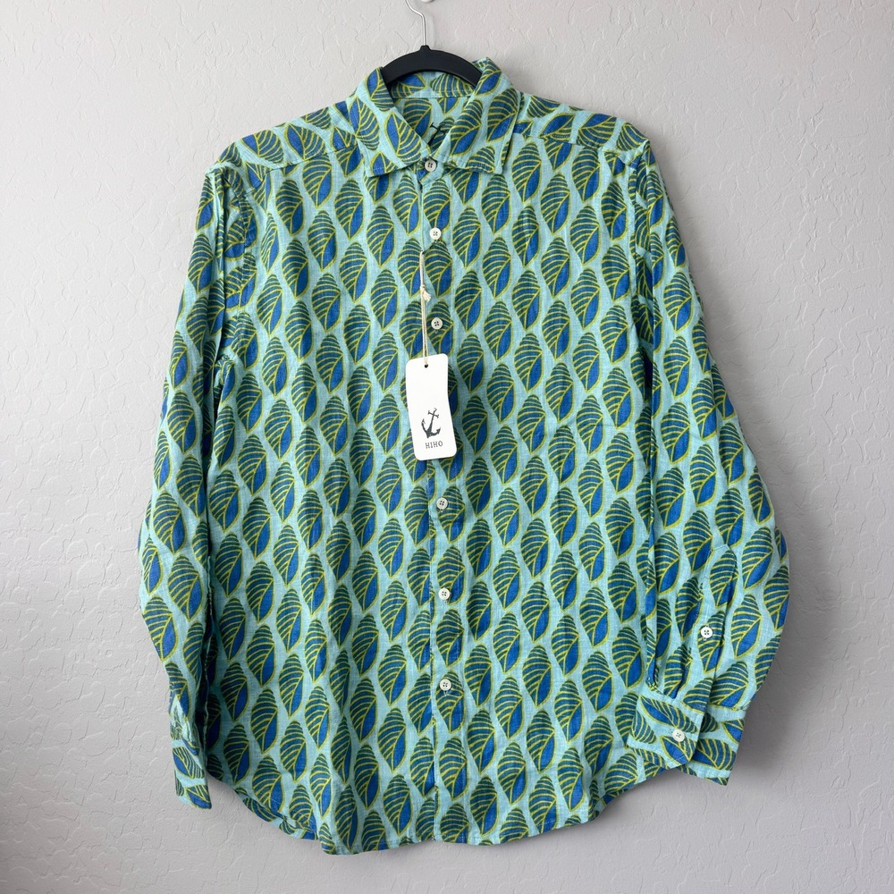 NWT HIHO Small Jeremy Linen Shirt Shell Blue Long Sleeve Shell Print Button Down